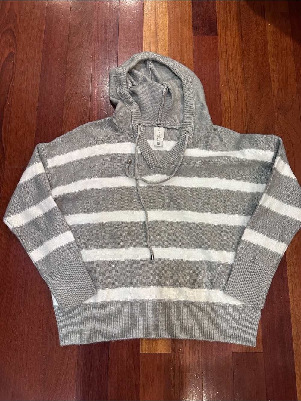 Cozy Gray & White Striped Hooded Sweater - Women Sz Med